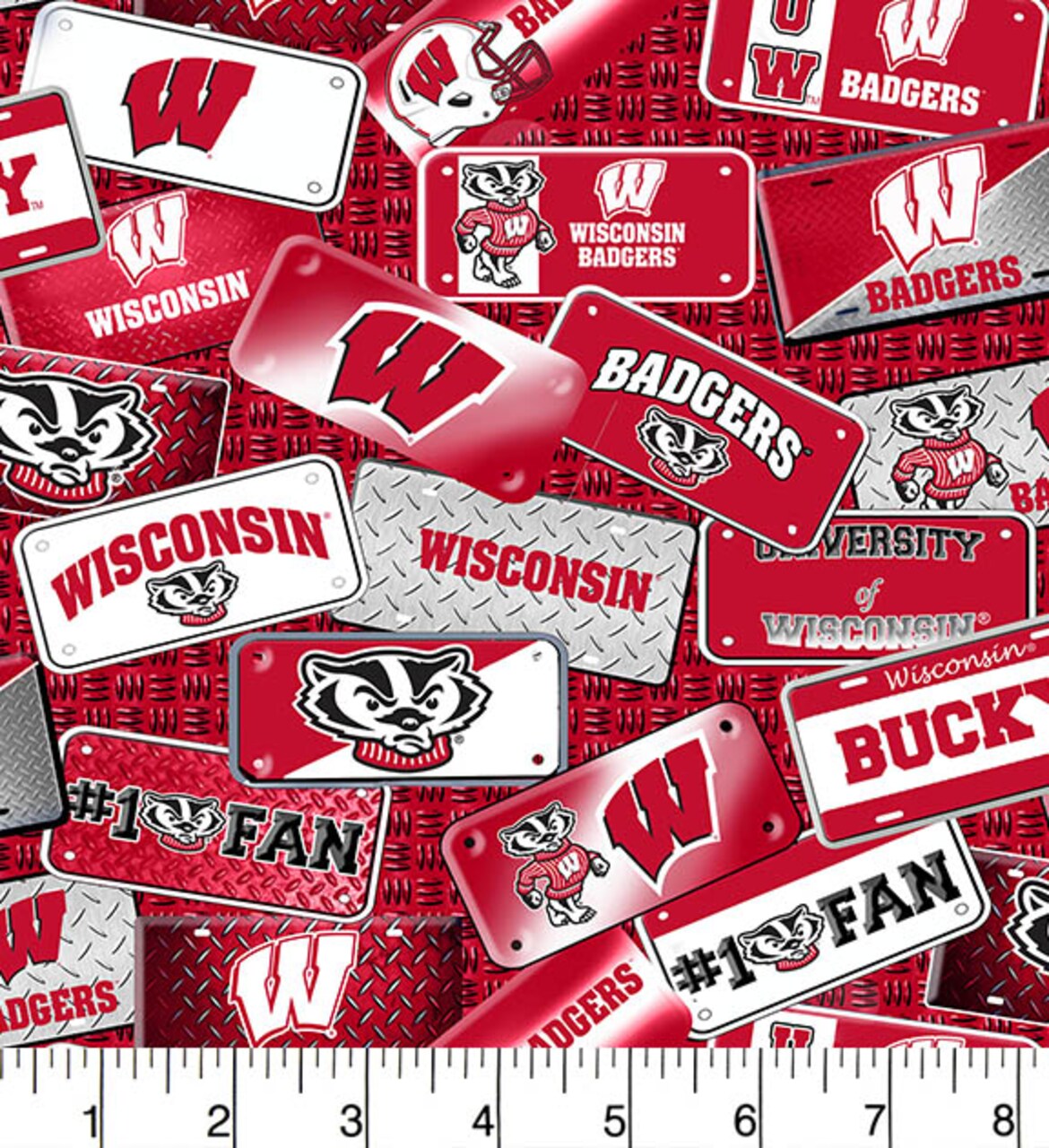 Sykel Enterprises-University of Wisconsin Cotton Fabric-Wisconsin Badgers License Plate Cotton Quilting Fabric